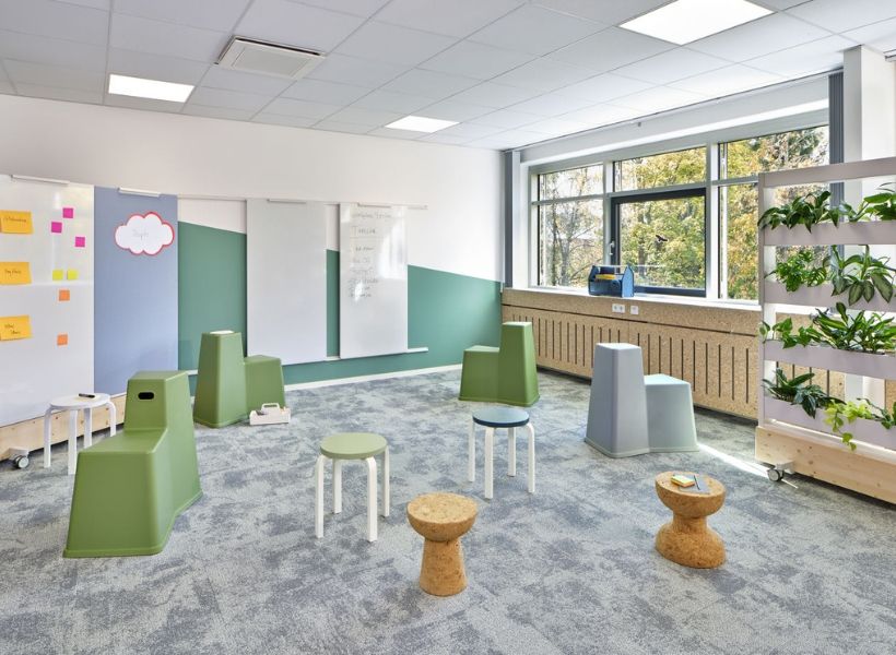 Workshop‑Raum mit mobilen Whiteboard‑Stellwänden, flexiblen Sitzmöbeln und Pflanzenelementen zur offenen Zusammenarbeit.