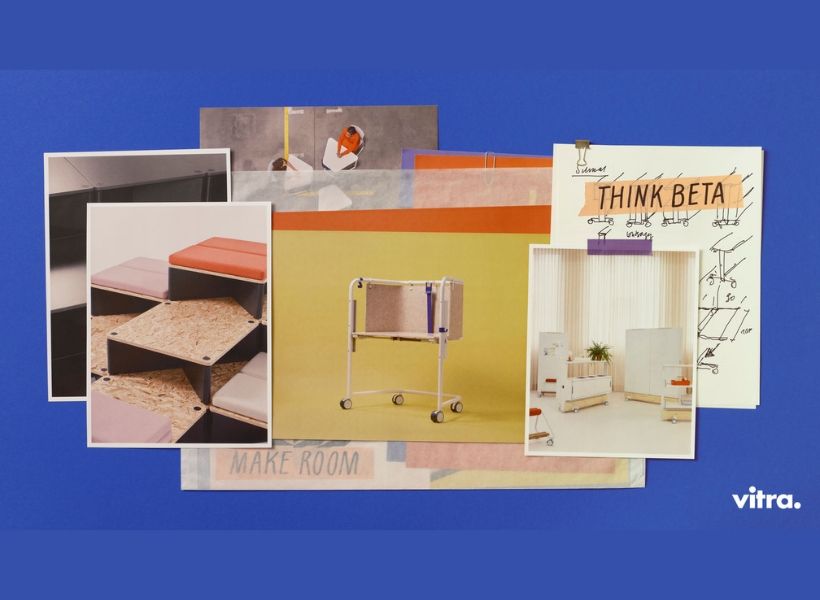 Collage mit Produktfotos, Skizzen und dem Schriftzug „THINK BETA“, die Gestaltungsideen und Möbelkonzepte des Vitra BETA Event Space visualisiert.