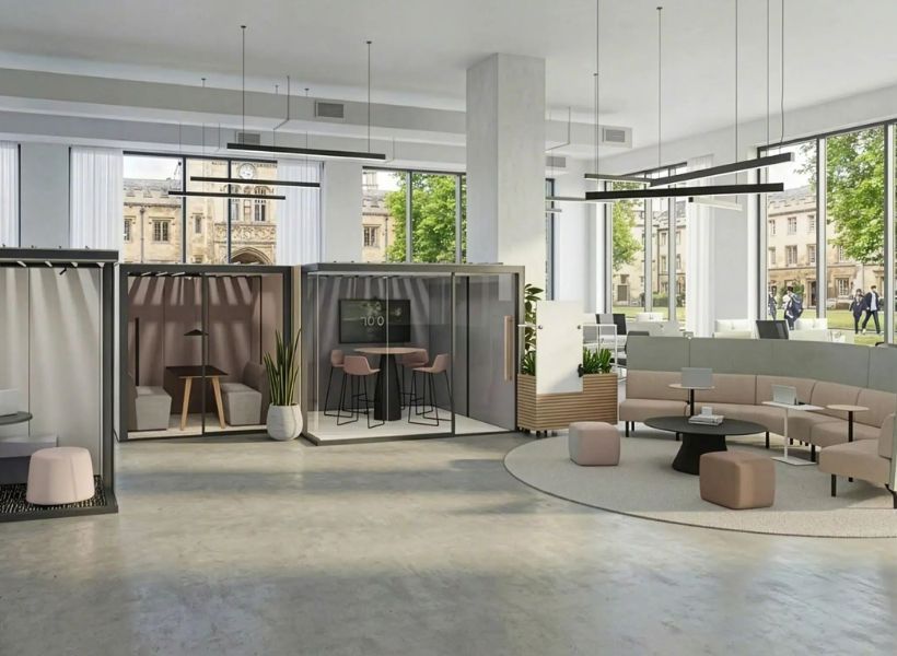 Großraumbüro mit Besprechungskabinen, Lounge-Bereich und Rückzugszonen für flexible Arbeitswelten.