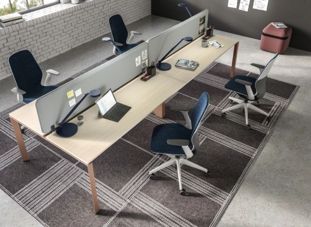 Arbeitsplatz mit Tischtrennwand zwischen gegenüberliegenden Schreibtischen zur visuellen und akustischen Abgrenzung im Open Space.