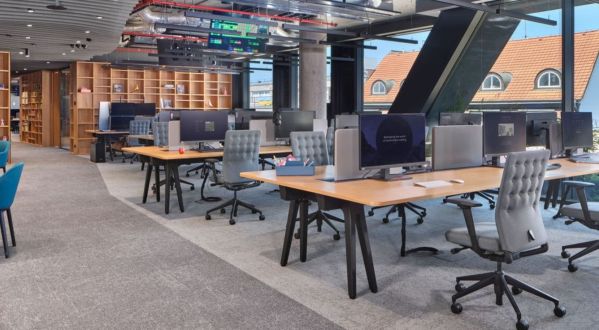 Großraumbüro mit klar gegliederten Arbeits- und Kommunikationszonen, raumteilenden Regalen und modernen Arbeitsplätzen als Beispiel für eine durchdachte Zonenplanung im offenen Büro.